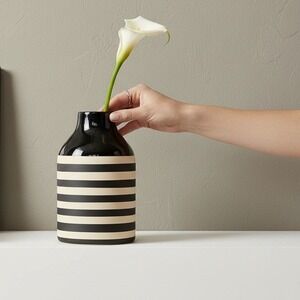 Zara Home Black and Cream Striped Ceramic Vase Modern Bottle Shape Decor 9.5in